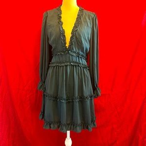 Ruffled V-Neck Tiered Long-Sleeve Dress - Dark Green